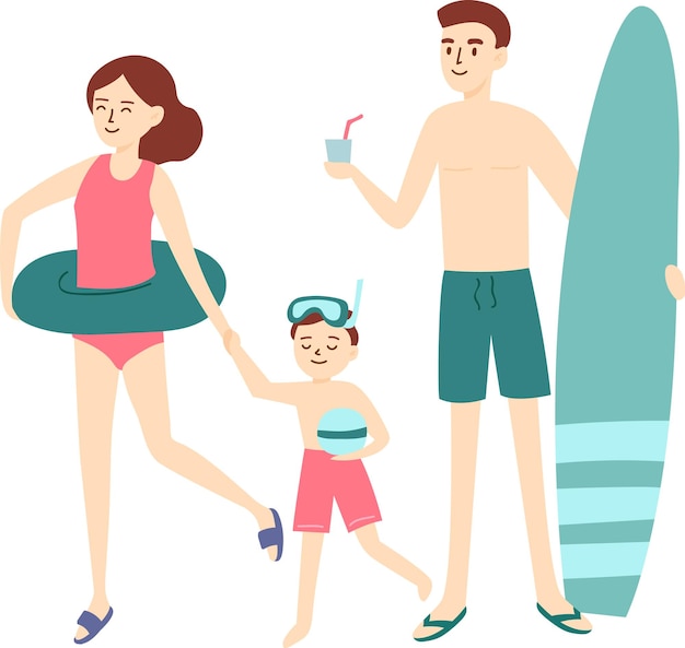Gelukkige familie moeder vader en zoon lopen op het strand klaar om te zwemmen met een opblaasbare ring een strandbal en een surfplank genieten van de zomervakantie