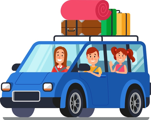 Gelukkige familie op een road trip glimlachend en zwaaiend uit het raam van de auto creëert blijvende herinneringen en geniet samen van de reis