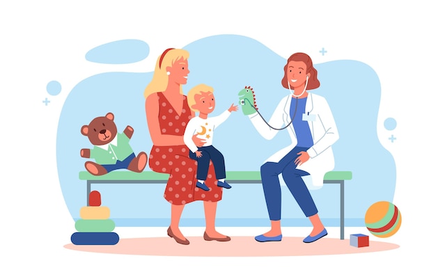 Gelukkige familie op kinderarts checkup vectorillustratie. cartoon arts vrouw karakter en jongen jongen patiënt samenspelen, medic kinderarts onderzoekt de gezondheid van het kind in het ziekenhuis geïsoleerd op wit