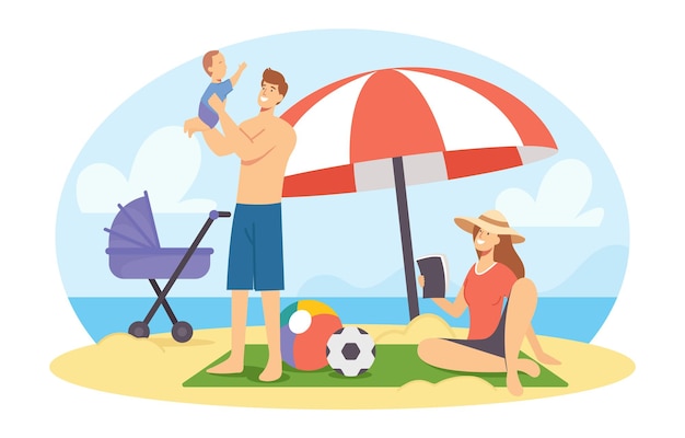 Gelukkige familie op zee strand op zomervakantie. Moeder, vader en babykarakters ontspannen aan zee, vrije tijd