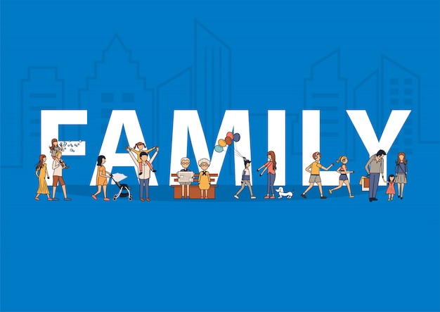 Gelukkige familie plezier levensstijl idee concept met platte grote letters
