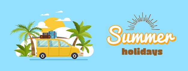 Vector gelukkige familie rijden in de auto op weekend vakantie, zomervakantie, planning zomervakanties, reizen met de auto, zomervakantie, toerisme en vakantie thema. platte ontwerp vectorillustratie.