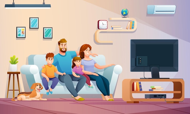 Gelukkige familie samen televisie kijken in de woonkamer familie illustratie concept