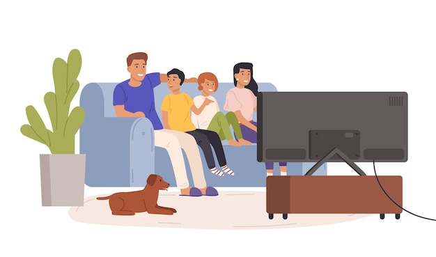 Gelukkige familie samen tv kijken platte vectorillustratie. lachende cartoon moeder, vader en kinderen ontspannen in een gezellige woonkamer. home entertainment concept geïsoleerd op een witte achtergrond.