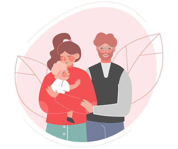 Gelukkige familie vader moeder en hun baby knuffelen en glimlachen samen platte stijl vector
