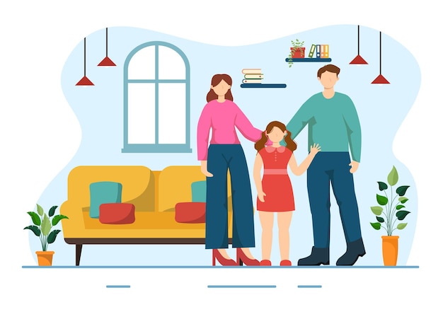 Gelukkige familie vector illustratie met moeder vader en kinderen personages naar geluk en liefde viering in platte kinderen cartoon achtergrond