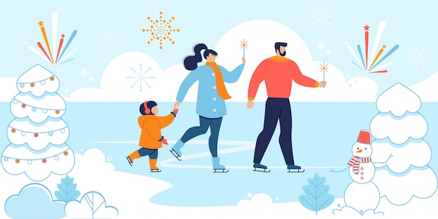 Gelukkige familie vieren kerst op ijsbaan buiten