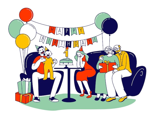 Gelukkige familie viert de verjaardag van de eerste baby. Cartoon vlakke afbeelding
