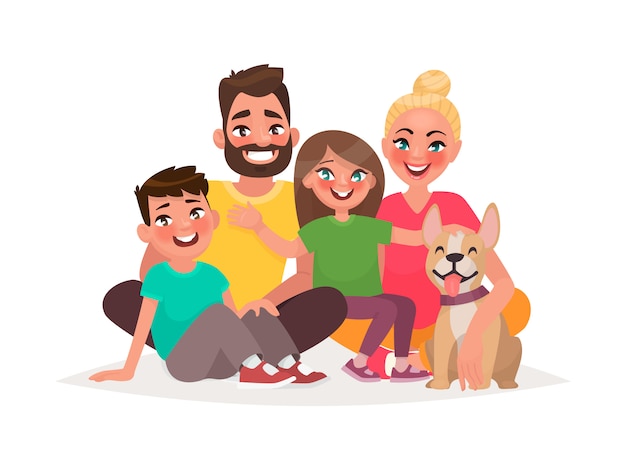 Gelukkige familiezitting op een witte achtergrond. vader, moeder zoon, dochter en hond