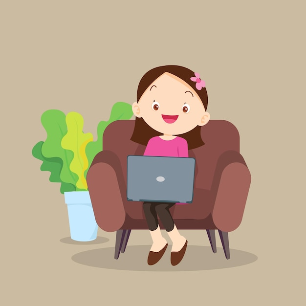 Gelukkige glimlach van het meisje met behulp van internettechnologie, kind met laptop voor online onderwijs thuis