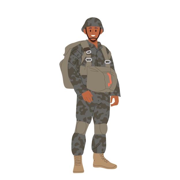Gelukkige glimlachende dappere infanterist militaire soldaat cartoon personage in camouflage uniform