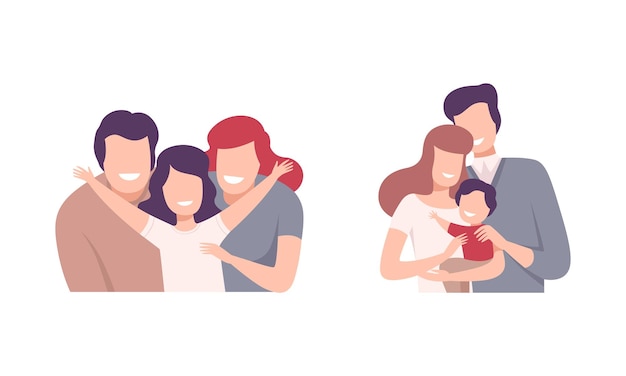 Gelukkige glimlachende familie samen knuffelen en omhelzen vector set