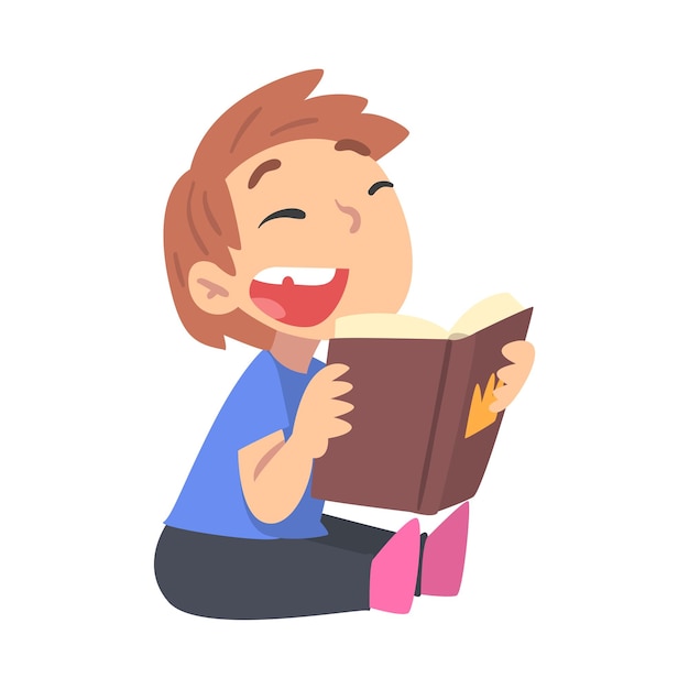 Gelukkige glimlachende jongen die een boek leest jonge liefhebber van literatuur sprookjes verhalen ontdekkingen cartoon stijl