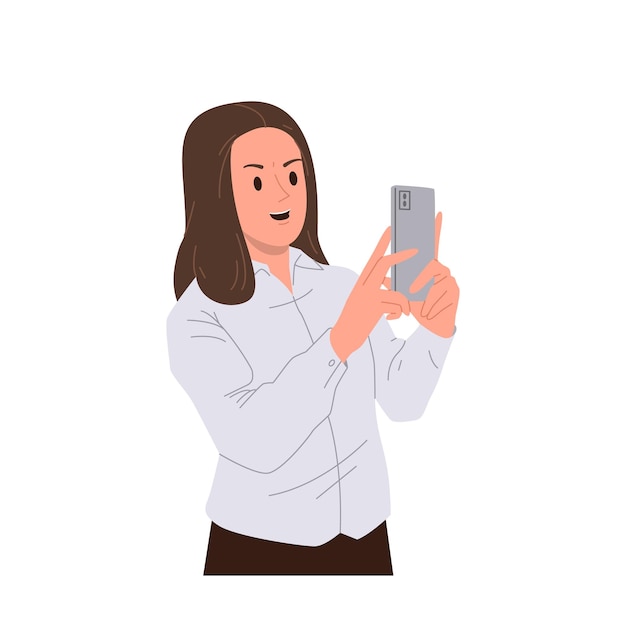 Gelukkige glimlachende positieve vrouwelijke kantoormedewerker cartoon personage die een selfie maakt met een mobiele camera