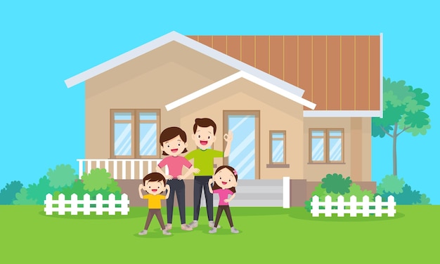 Gelukkige grote familie voor het huis regenboog