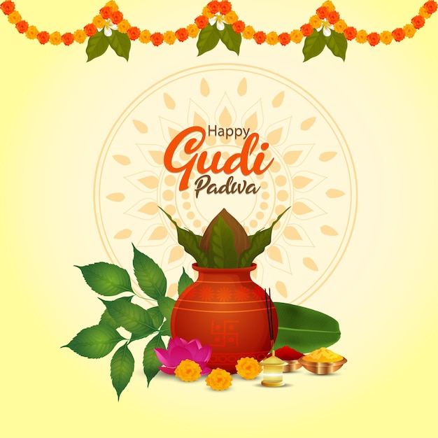 Gelukkige gudi padwa-wenskaart met kalash