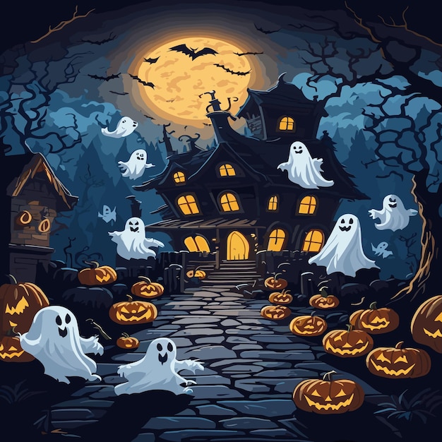 Gelukkige halloween-achtergrond met spookhuis en pompoenen 44