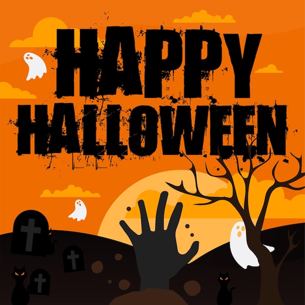 Gelukkige Halloween-achtergrond met zombiehand en begraafplaats