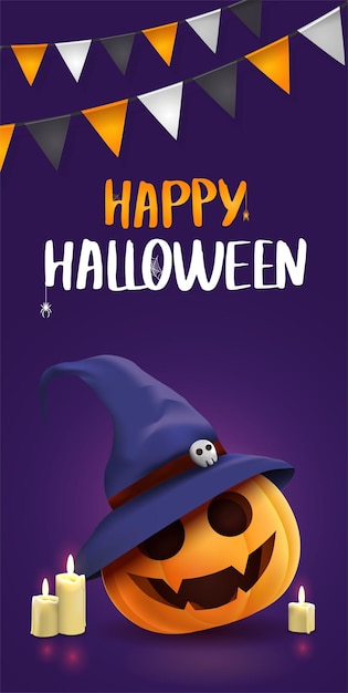 Gelukkige halloween-banner met illustratie van realistische pompoenen met gezichten en heksenhoed
