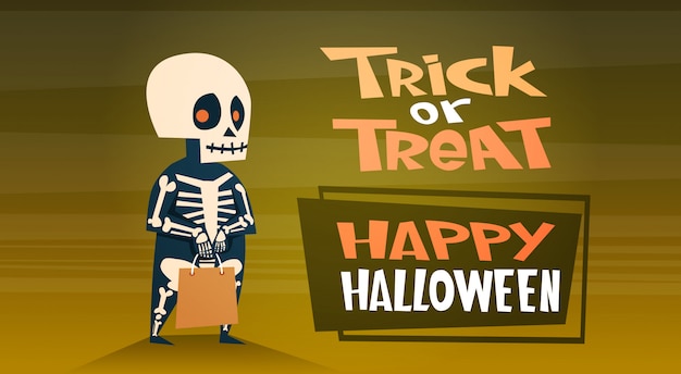 Gelukkige halloween-banner met leuke trick or treat van het beeldverhaalskelet