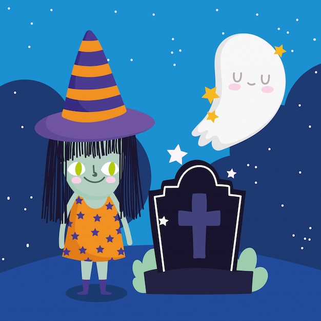 Gelukkige halloween, grafsteen van de heksenbegraafplaats en spooktruc of behandelt de illustratie van de partijviering