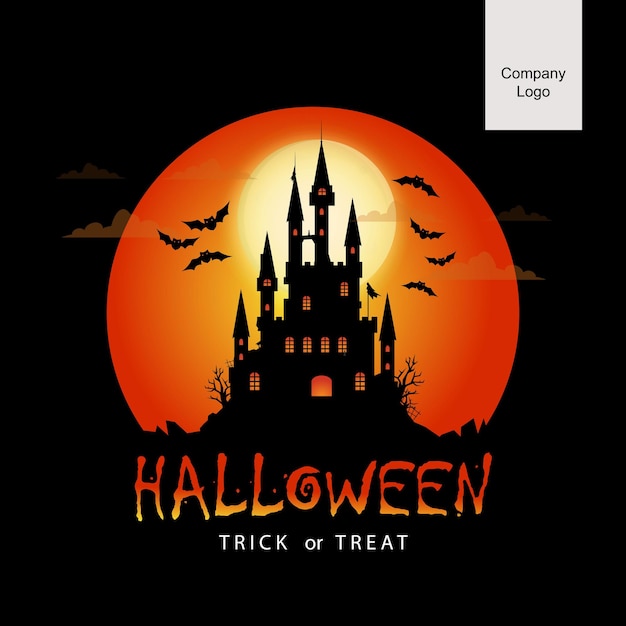 Gelukkige Halloween-groeten met kasteelsilhouet in oranje maanlicht bij nacht en zwarte achtergrond
