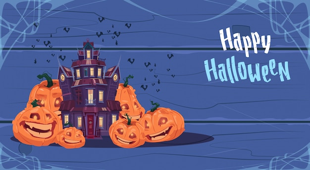 Vector gelukkige halloween-groetkaart met gotisch kasteel en pompoenen