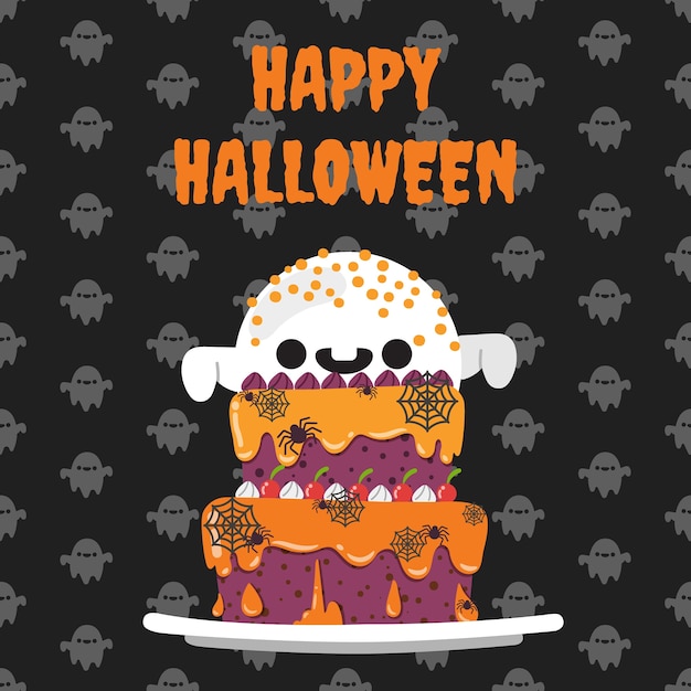 Vector gelukkige halloween-halloween-cake op achtergrond.