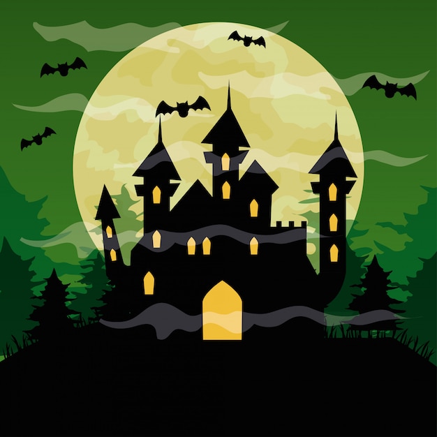 Gelukkige halloween-illustratie met achtervolgd kasteel, vleermuizen die en volle maan op groene hemel vliegen