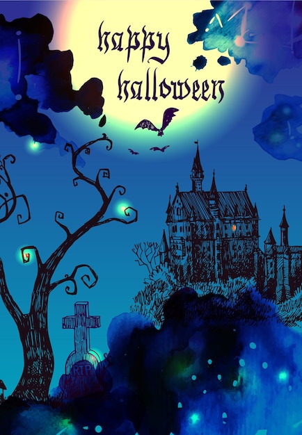 Gelukkige halloween-illustratie Vreselijke nachtlandschap met kasteelbegraafplaatsboom en maan