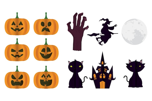 Gelukkige halloween-kaart met bundel pompoenen en ontwerp van de pictogrammen vectorillustratie