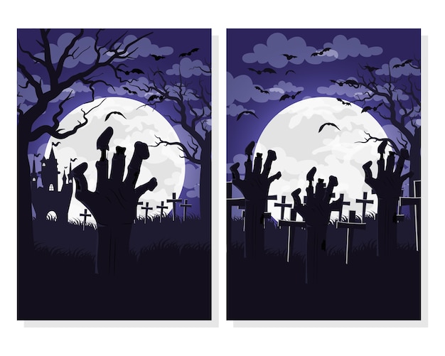 Gelukkige halloween-kaart met handen dood in vector de illustratieontwerp van begraafplaatsscènes