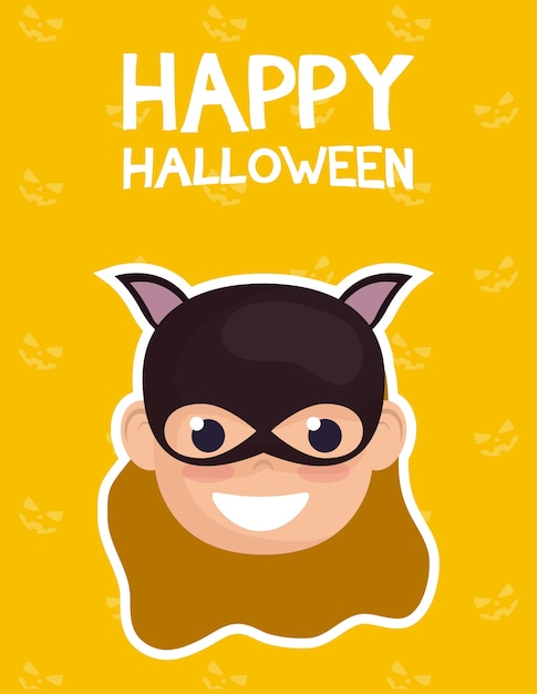 Gelukkige halloween-kaart met het van letters voorzien en meisje gekostumeerd van ontwerp van de catwoman het vectorillustratie