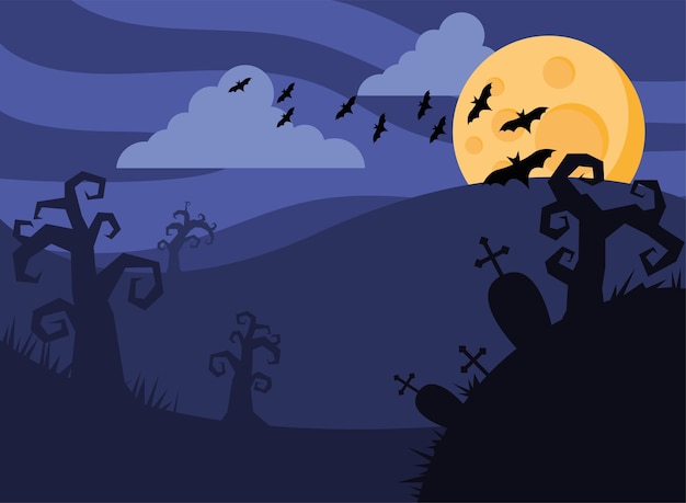 Gelukkige halloween-kaart met vleermuizen vliegen en fullmoon vector illustratie ontwerp