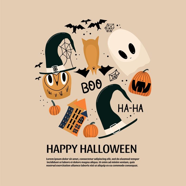 Vector gelukkige halloween kaart ontwerp met uil pompoen heks hoed huizen hoeden spook vector illustratie i