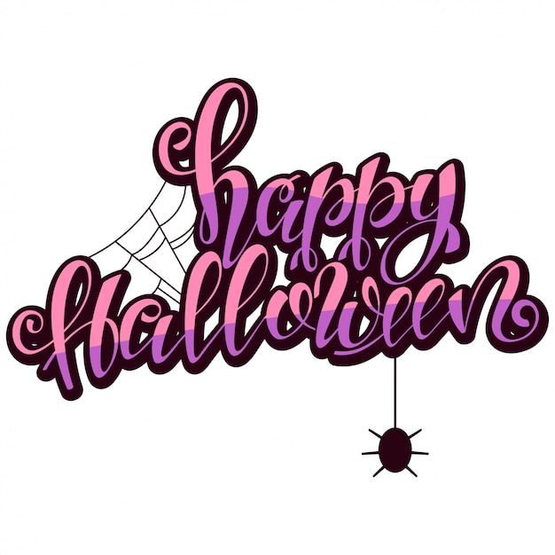 Gelukkige Halloween-tekst met spinneweb en spin. illustratie geïsoleerd op een witte achtergrond.