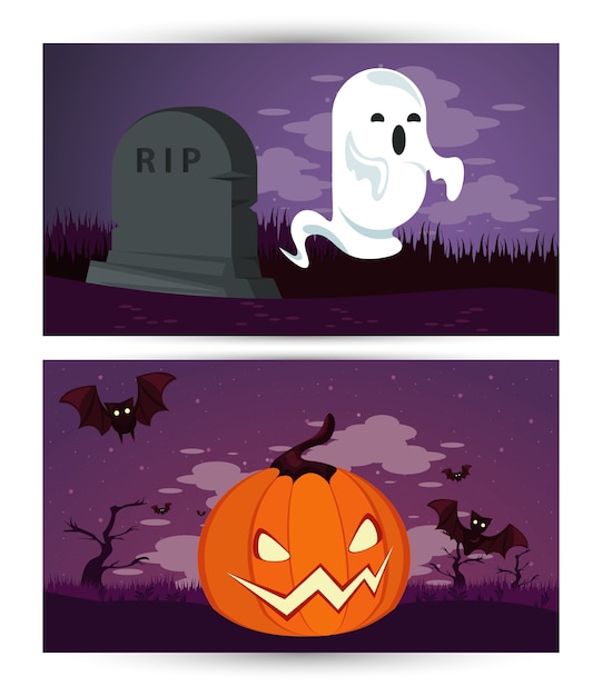 Gelukkige halloween-vieringskaart met spook en pompoen op begraafplaats