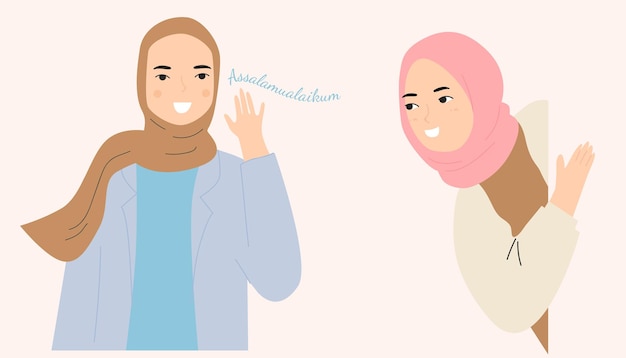 gelukkige hijab-vrouw die groet en hallo zegt