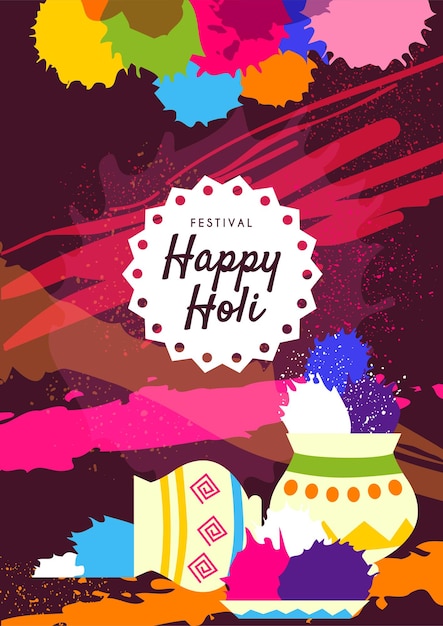 Vector gelukkige holi festival poster heldere flyer of deksel met vlekken en splashes en vazen met kleurrijke