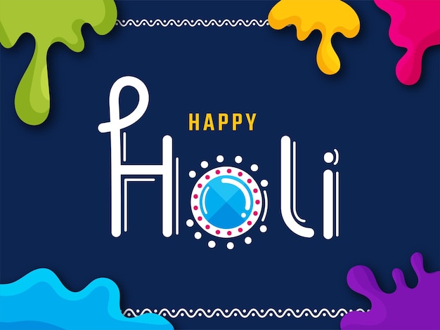 Gelukkige Holi-letters met bovenaanzicht Gulal Pot en verfkleurplons op blauwe achtergrond