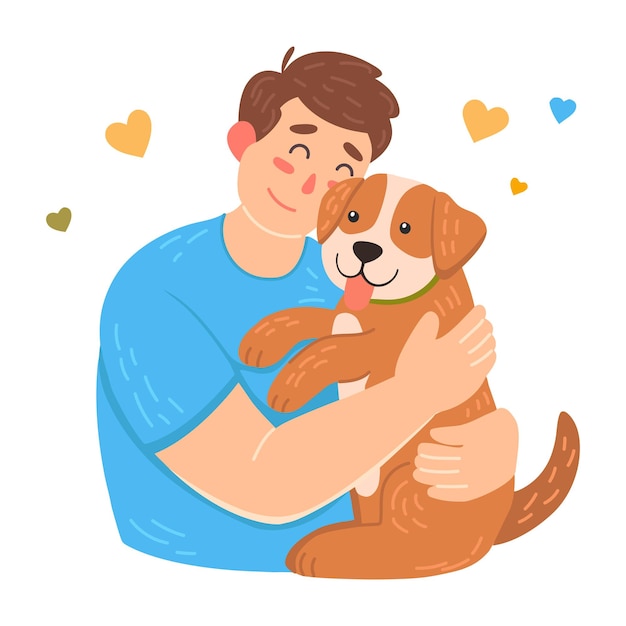 Gelukkige huisdierenbezitters Een jonge man knuffelt een hond Leuke platte vector illustratie