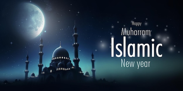 gelukkige islamitische nieuwjaarsgroeten met achtergrond van moskee en maanlicht voor banner