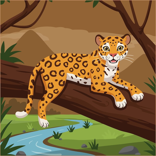 Gelukkige jaguar rust op een boomtak in de jungle