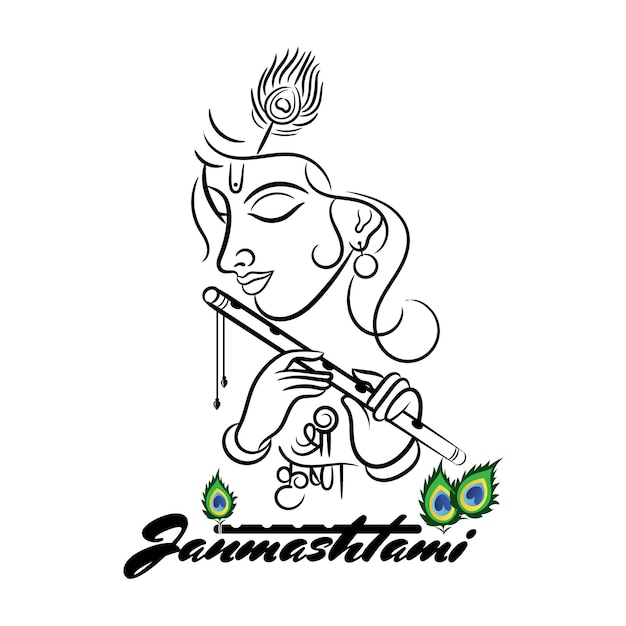 Gelukkige janmashtami-groeten met heer Krishna lijn slag illustratie en hindi kalligrafie