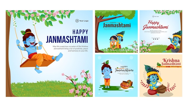 Vector gelukkige janmashtami indiase festival banner set design