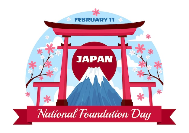 Vector gelukkige japanse nationale stichtingsdag vector illustratie met beroemde japanse monumenten en vlag