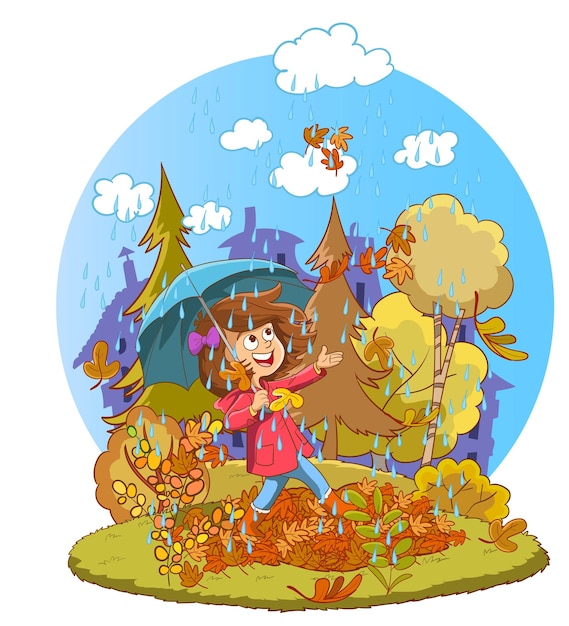 gelukkige jonge geitjes herfst vector illustration.girl en haar kat wandelen met paraplu in de regen.