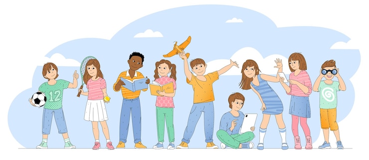 Vector gelukkige jonge geitjes jongens en meisjes karakters vormt acties einde emoties schattige kinderen vector tekenset