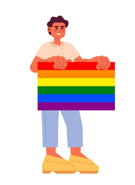 Gelukkige jonge man ondersteunt lgbt-gemeenschap semi-plat kleur vector karakter bewerkbaar vol lichaam man houdt lgbt trots vlag op wit Eenvoudige cartoon spot illustratie voor web grafisch ontwerp