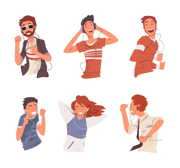 Gelukkige jonge mensen die naar muziek luisteren Jongens en meisjes die van luisteren en dansen genieten cartoon vector illustratie